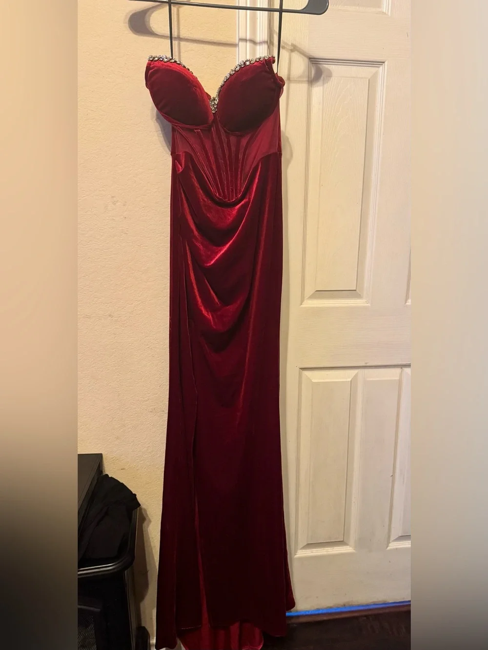 Red Velvet Rhinestone-Trim Bustier Nightgown